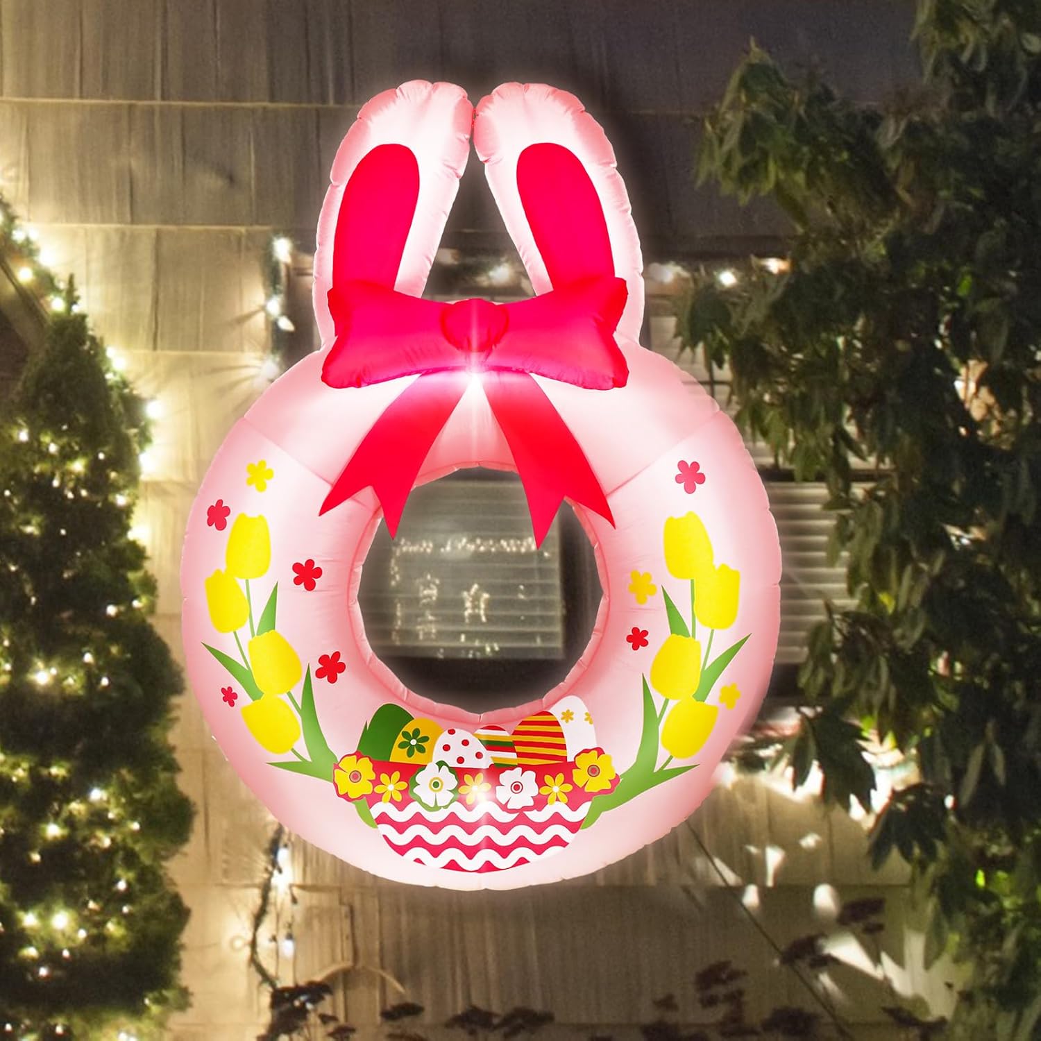 Corona inflable de Pascua de 4.9 pies, decoración al aire libre, corona de huevo de Pascua grande, corona de Pascua para primavera, decoración de
