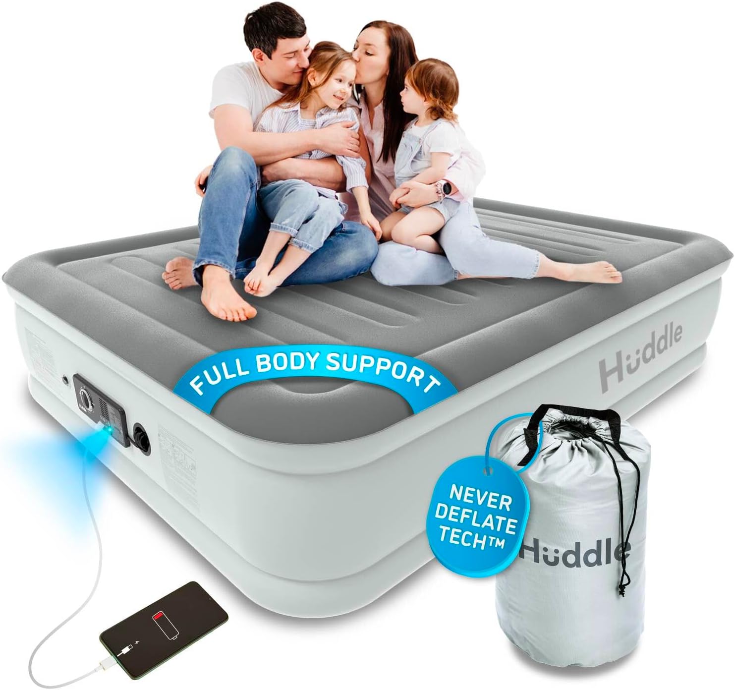Huddle Cama de aire de lujo con tecnología patentada de doble bomba SlumberGuard Premium  Tecnología de cama de aire autoinflada y antidesinflado
