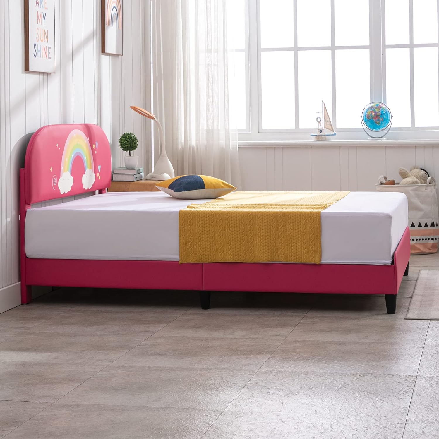 Zafly – Marco de cama matrimonial para niños, marco de cama infantil con cabecera tapizada, cabecera y estribo curvados, marco de cama de madera de