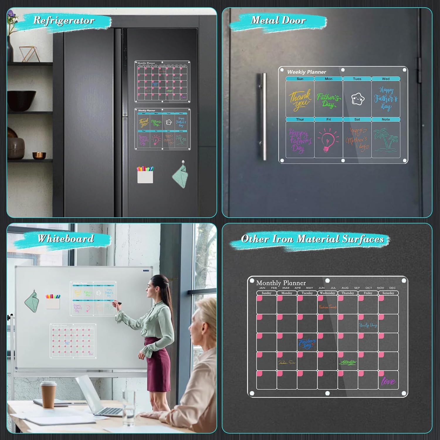 Calendario magnético para refrigerador, 2 juegos de calendarios de refrigerador con imán, calendario mensual y semanal acrílico de 16 x 12 pulgadas,
