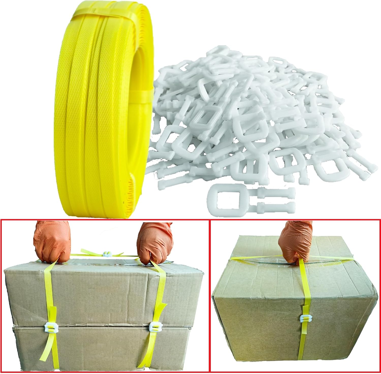 NEWANRAN Kit de flejado de bandas, herramienta de flejado de embalaje, con flejado de polietileno de 5900 pulgadas de longitud, 100 hebillas,