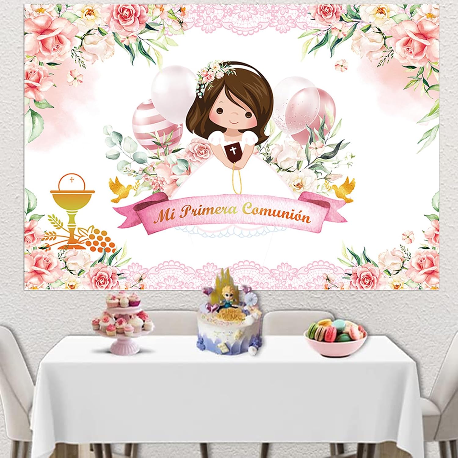 Mi Primera Comunion Bautizo Fotografía Fondo de Bautismo para niña, Dios bendiga la primera comunión Mi Bautizo Cáliz Globo Rosa Floral Decoración