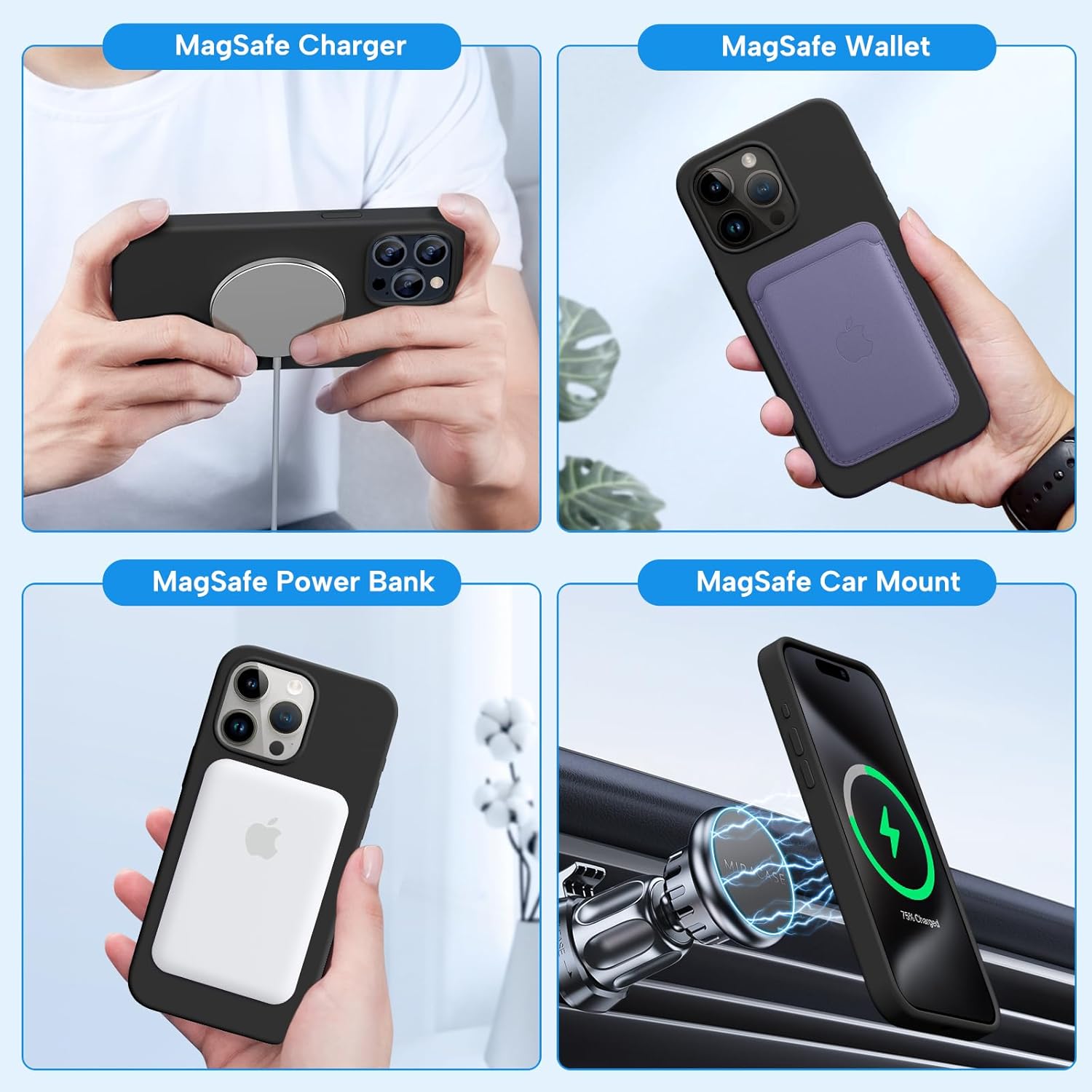 Miracase Funda diseñada para iPhone 15 Pro Max, compatible con MagSafe, con 2 protectores de pantalla, funda de silicona líquida a prueba de golpes