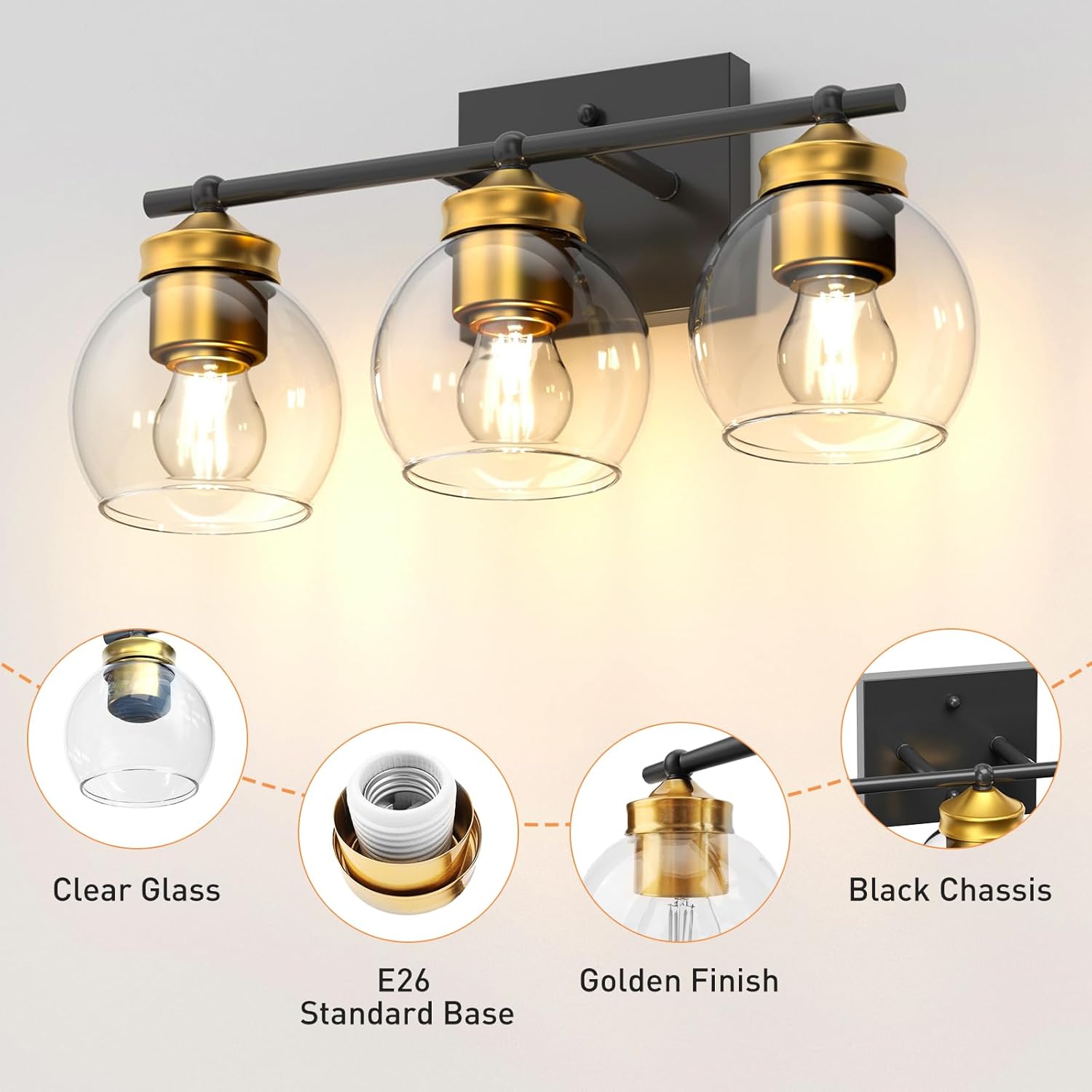 NIORSUN 3 lámparas de baño negras y doradas, lámparas de baño con pantalla de globo de vidrio transparente y base E26, luces de baño sobre espejo,