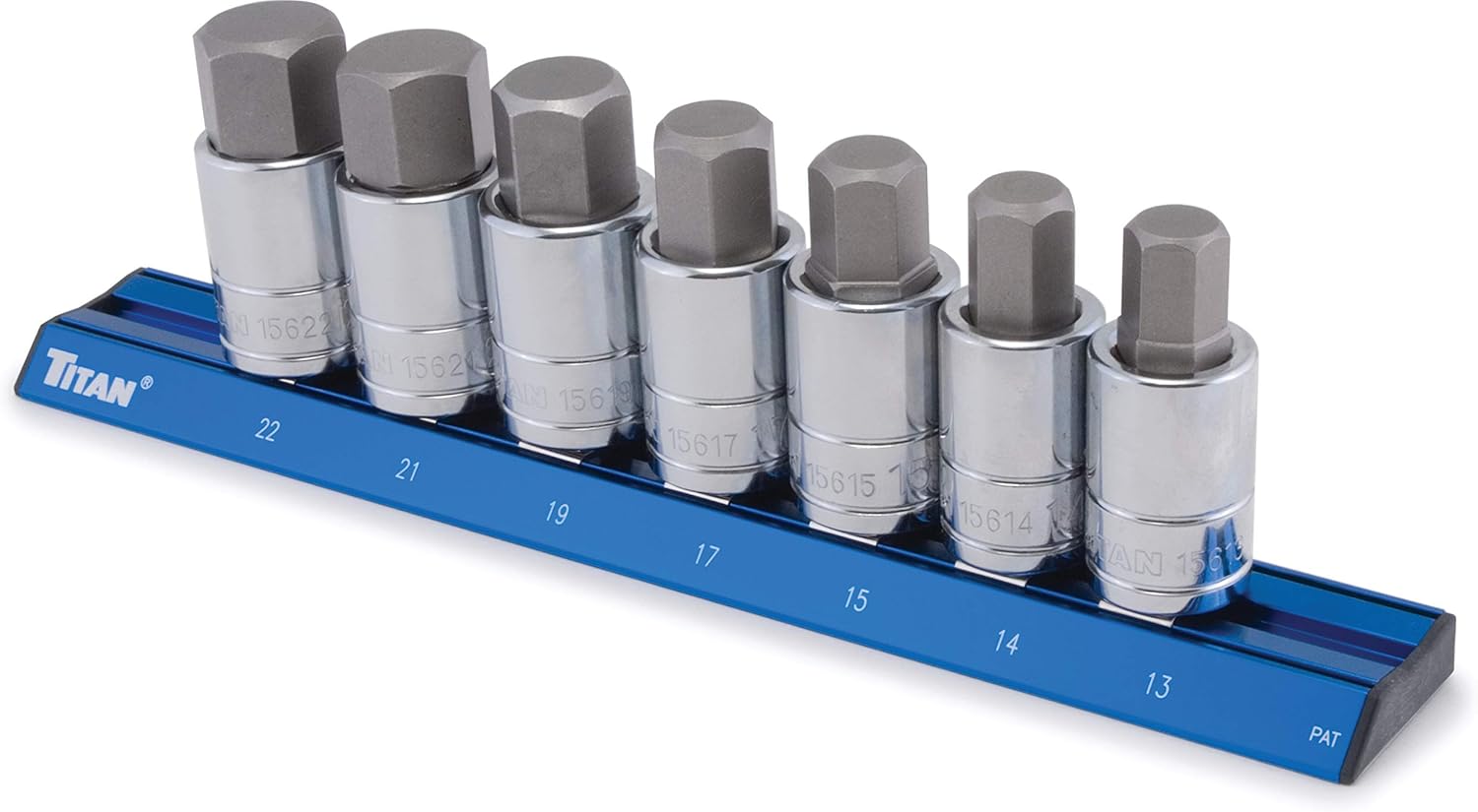 Titan 16131 Juego de llaves hexagonales métricas de 7 piezas, 12 pulgada, organizador magnético con marcas de tamaño grabadas con láser
