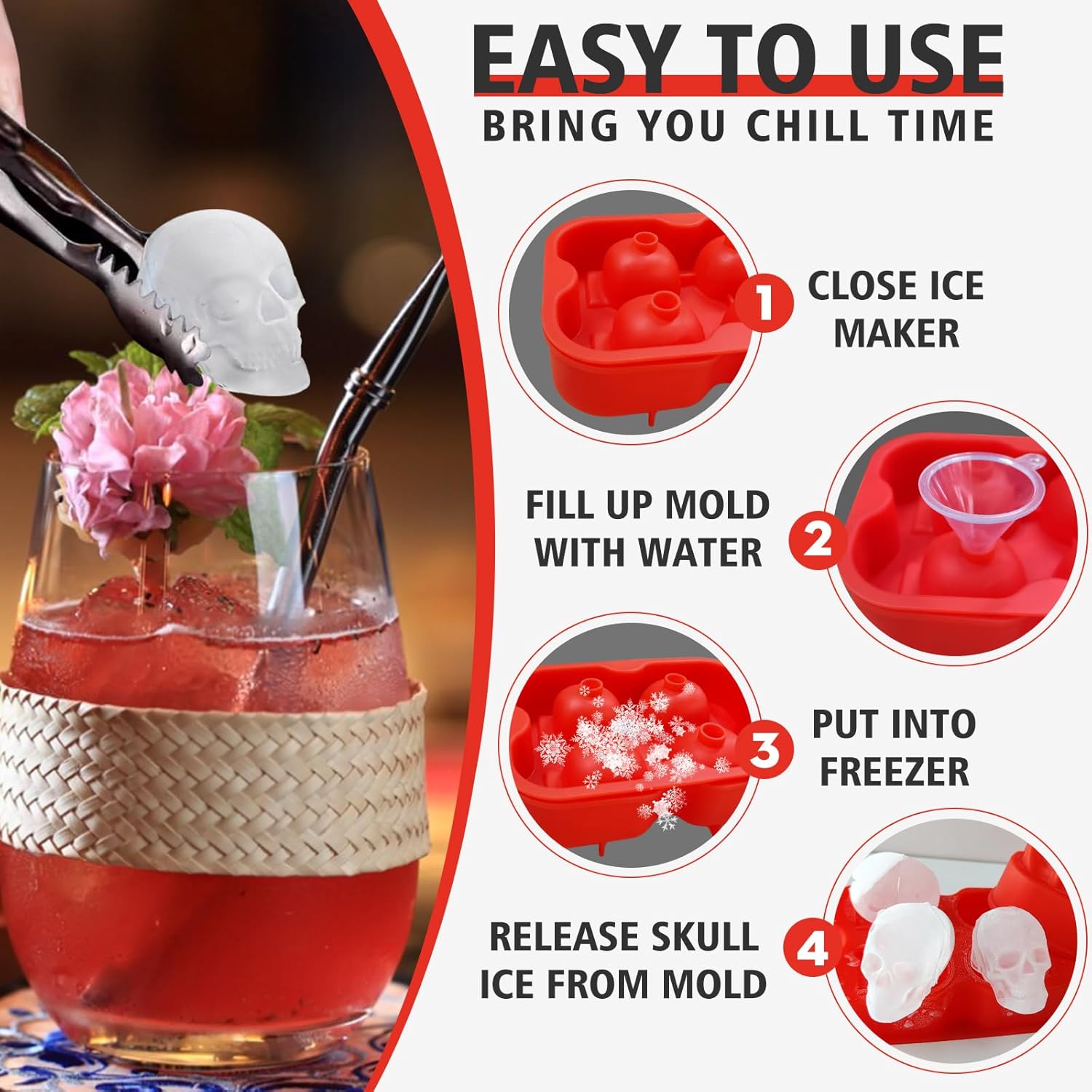Molde grande para bolas de hielo de whisky, un juego de 4 moldes grandes para cubitos de hielo, moldes redondos grandes, silicona reutilizable de