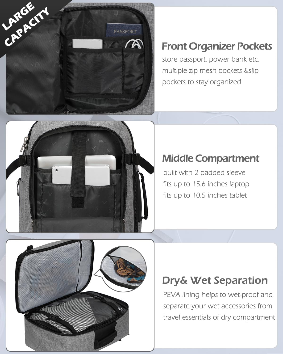 Hynes Eagle Mochila de viaje 40L aprobada para vuelo, mochila de mano para hombre, gran cabina, fin de semana, mochila para computadora portátil,