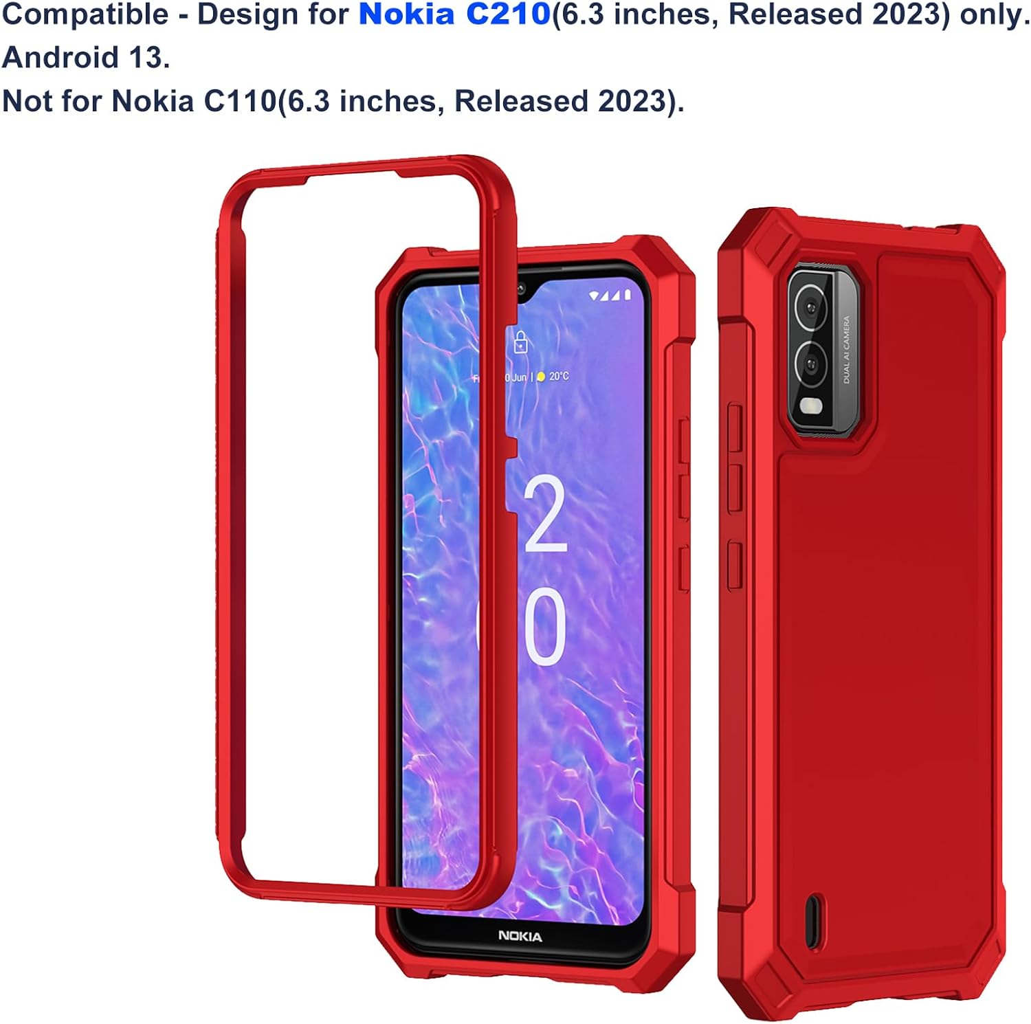 Ailiber Funda para Nokia C210 5G, Nokia C210 con protector de pantalla de vidrio templado, protección de estructura de doble capa, protección de