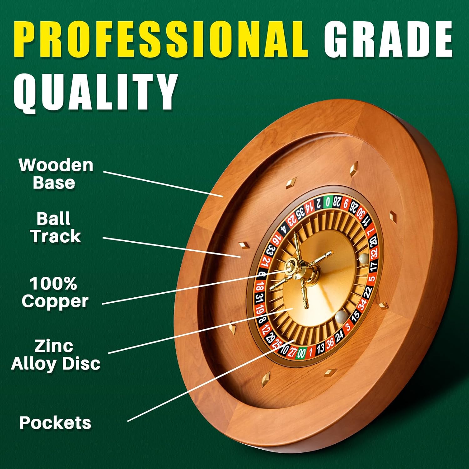 Rueda de ruleta de madera de 20 pulgadas con 4 bolas de ruleta, rodamientos de precisión de grado casino, rueda giratoria, juegos de mesa de ocio