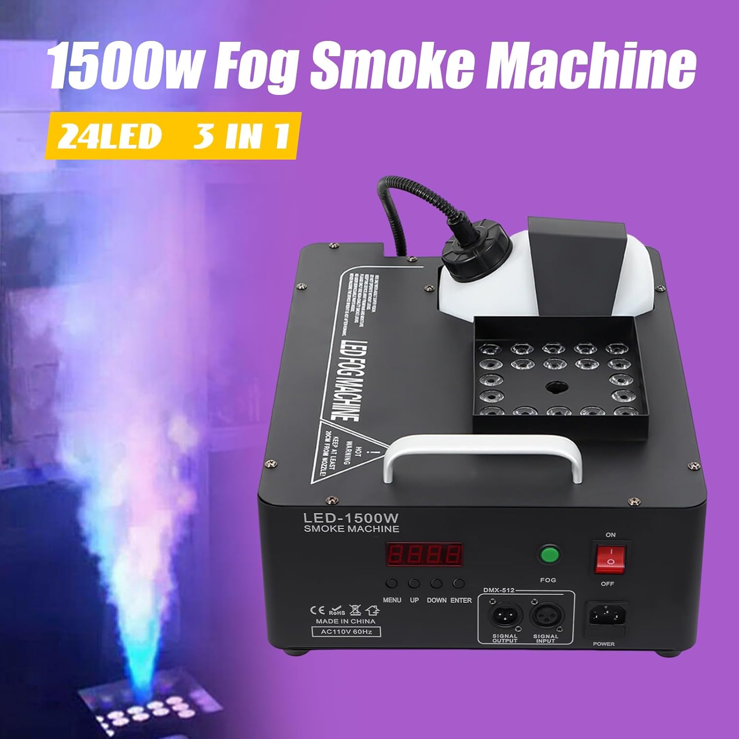 DYRABREST Máquina de niebla, máquina de humo LED de 24 RGB, 3 en 1, 1500 W, para fiesta, DMX inalámbrico, para DJ, escenario, con control remoto,