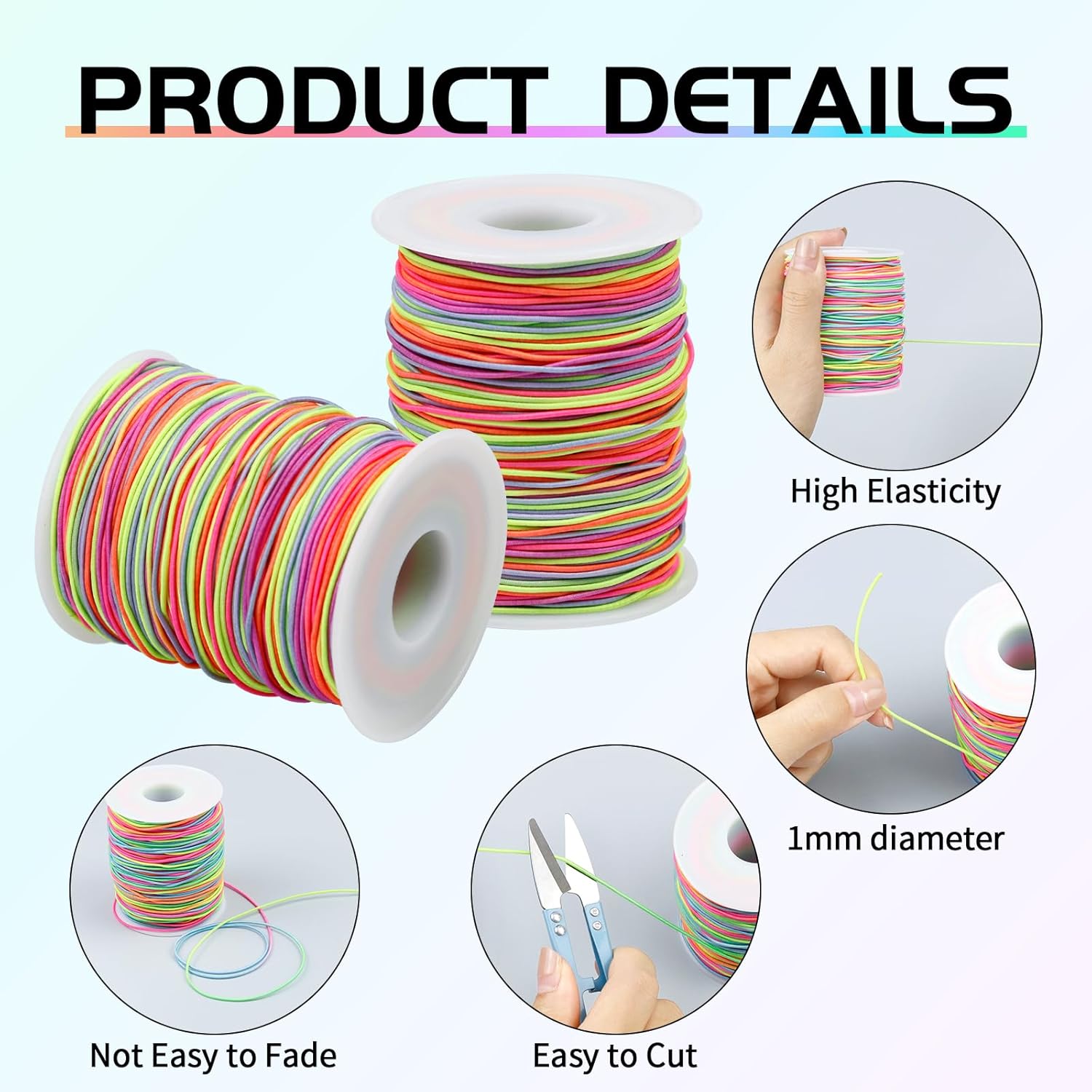 FIVEIZERO Colorida cuerda elástica de 0.039 in, 1 rollo328.1 ft, cuerda elástica de arco iris para pulseras, collares, fabricación de joyas con