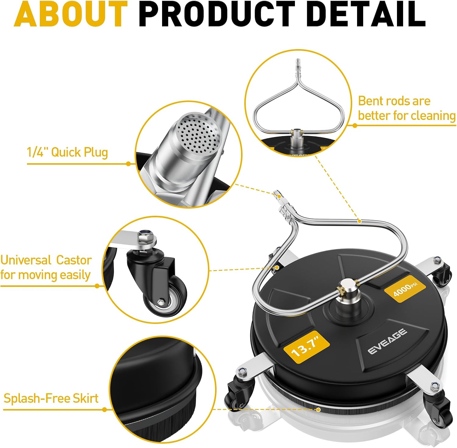 EVEAGE Limpiador de superficie de lavadora a presión negro de 13.7 pulgadas, diseño único de barra curva para ergonomía, accesorio de lavadora a