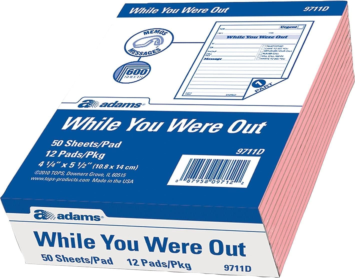 Adams While You Were Out Pads, 4.25 x 5.5 pulgadas, rosa, 50 hojas por bloc, 12 almohadillas por paquete (9711D)