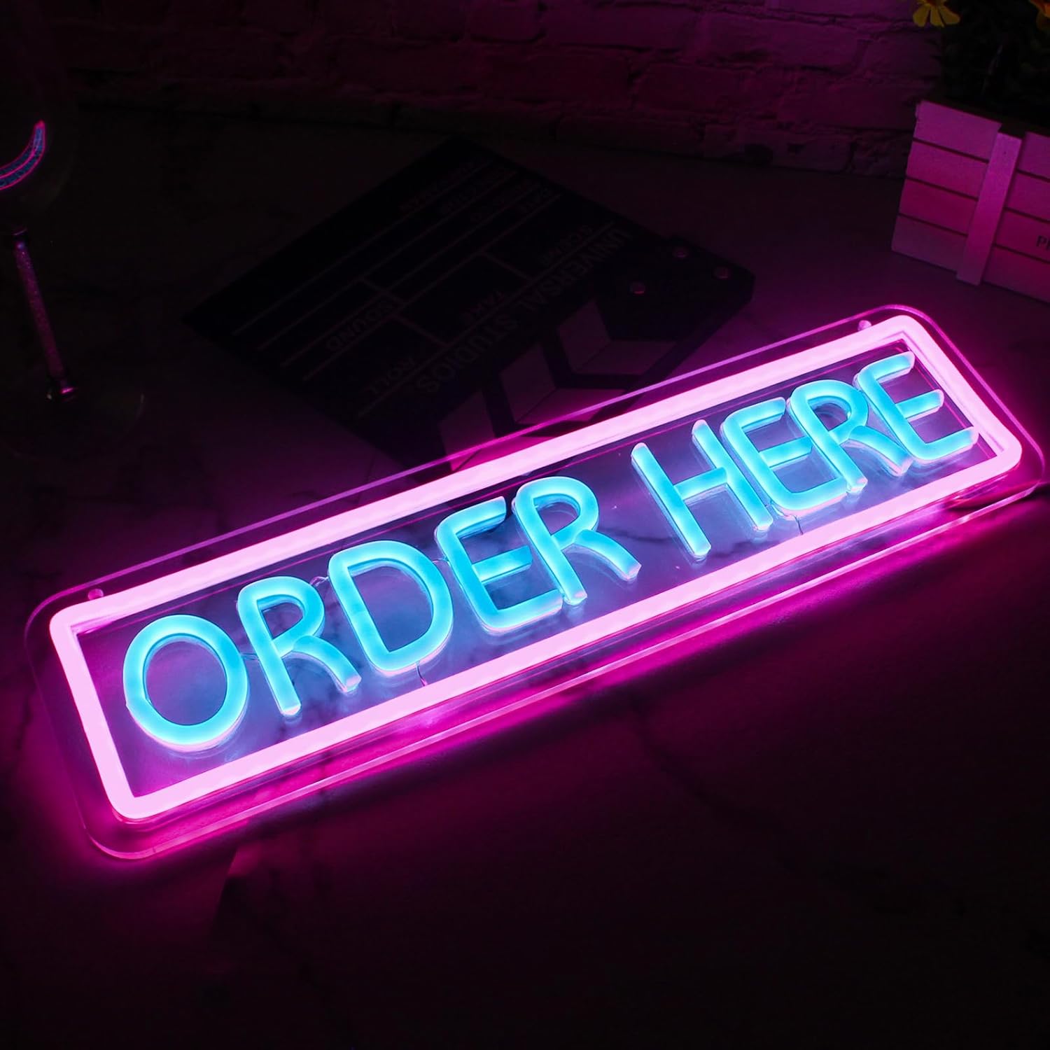 Letrero de luz de neón con letras rosas y azules, luz de neón, letrero de neón para negocios, letrero de neón para negocios, sala de juegos, bar,