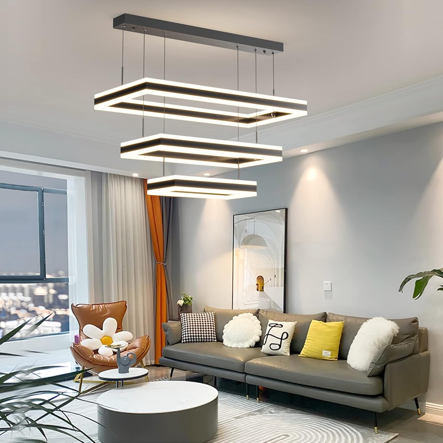 Lámpara colgante de techo moderna, lámpara LED con control remoto regulable de 3 modos de color y brillo, luces colgantes antiparpadeo, lámpara de