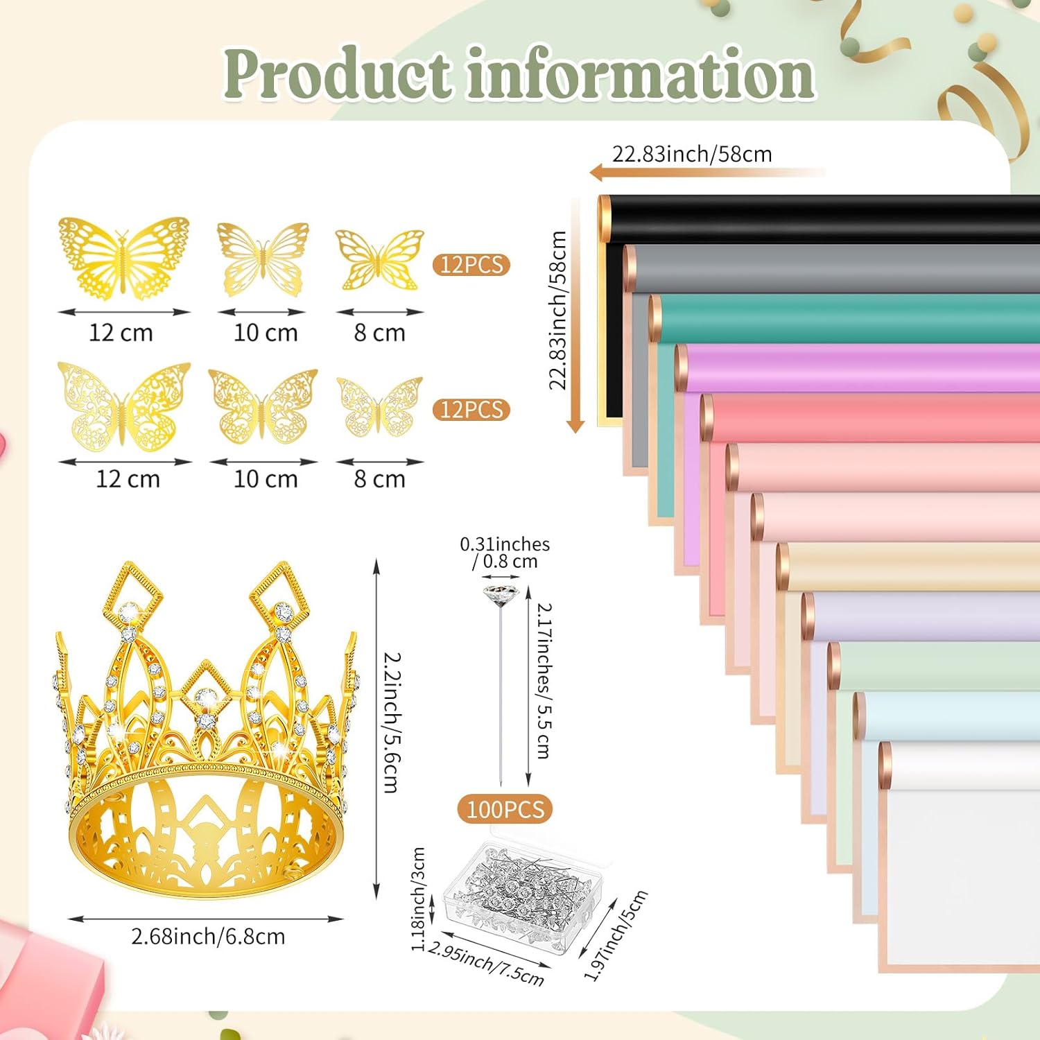 FairySandy 12 hojas de papel de regalo para ramo de flores, impermeable, con 100 pines, 4 coronas para tartas, 24 mariposas doradas para regalos de
