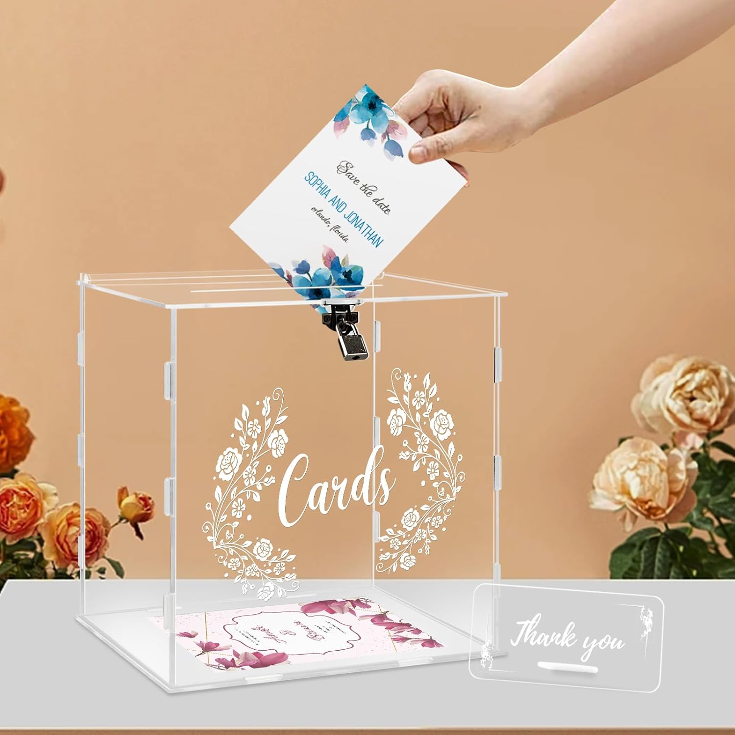 Caja de tarjetas de boda de acrílico con letrero, caja grande de acrílico transparente con cerradura para boda, recepción, aniversario, ducha,
