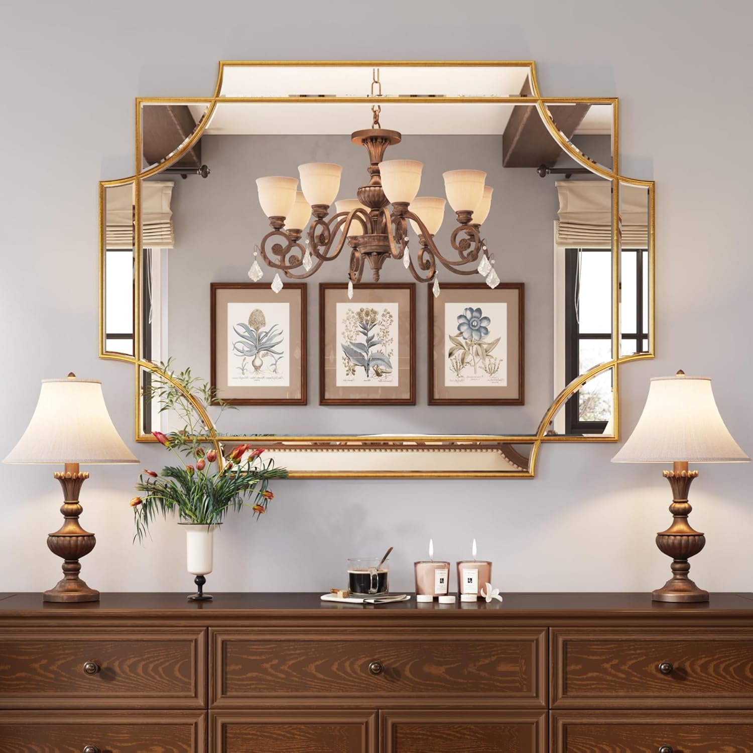 Kelly Miller Espejo decorativo dorado grande para pared, espejo dorado de 30 x 40 pulgadas, espejo de pared de tocador, espejo rectangular biselado