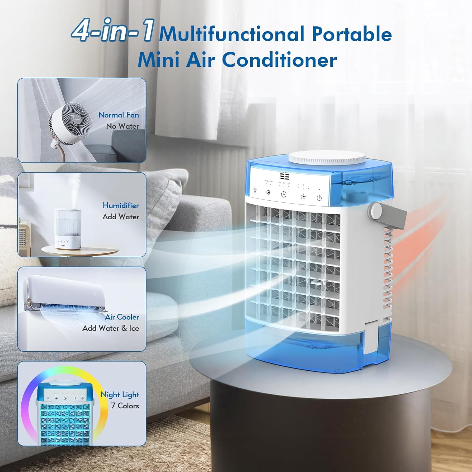 Aire acondicionado portátil, unidad de CA portátil de 54.1 fl oz con control remoto, potente 3 velocidades, 7 colores, enfriador de aire evaporativo