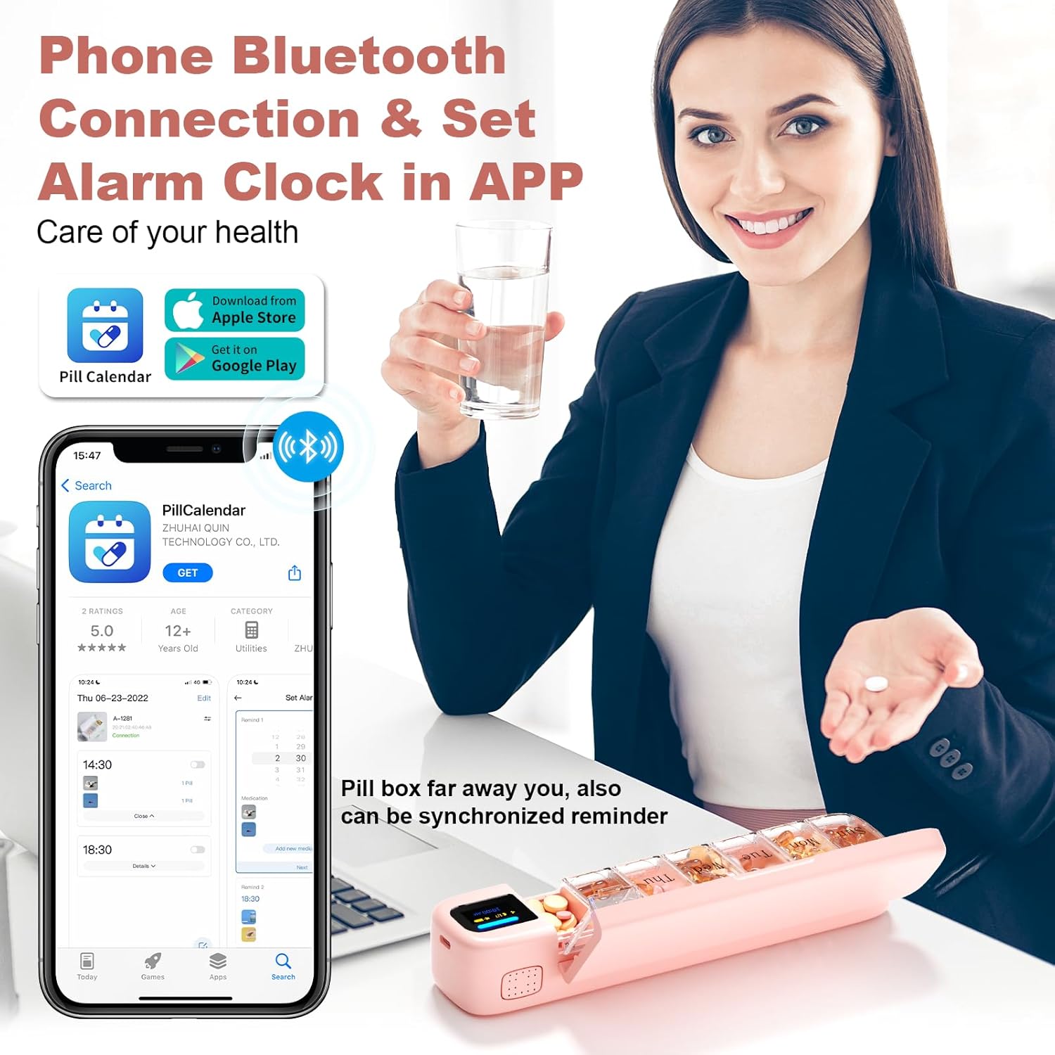 Recordatorio de pastillas, organizador semanal inteligente de píldoras con alarma, caja de pastillas Bluetooth de 7 días con ajuste de aplicación