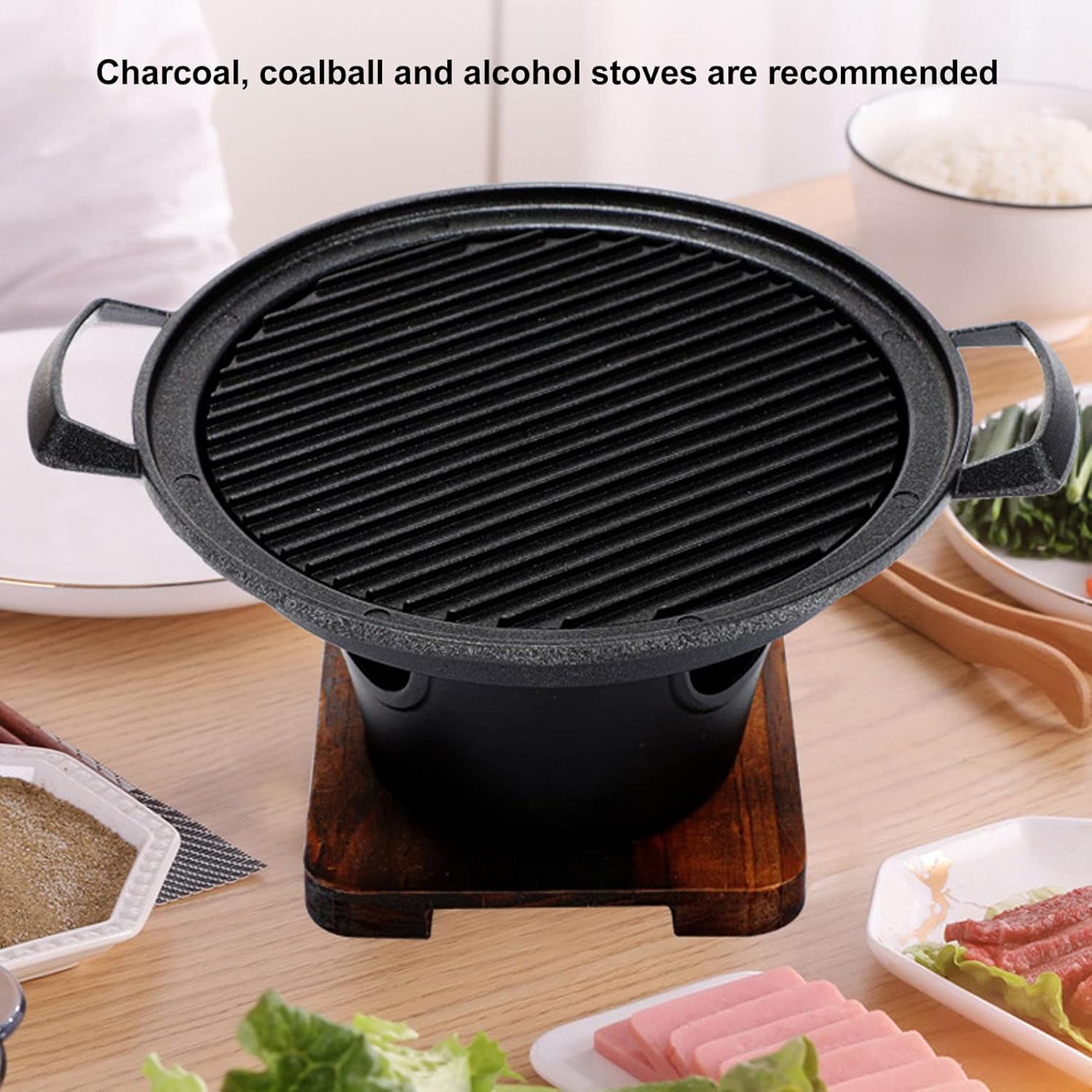 Parrilla de carbón, parrilla de carbón portátil Hibachi japonesa con base de madera, 8.46 x 6.89 x 5.31 pulgadas, parrilla portátil sin humo de