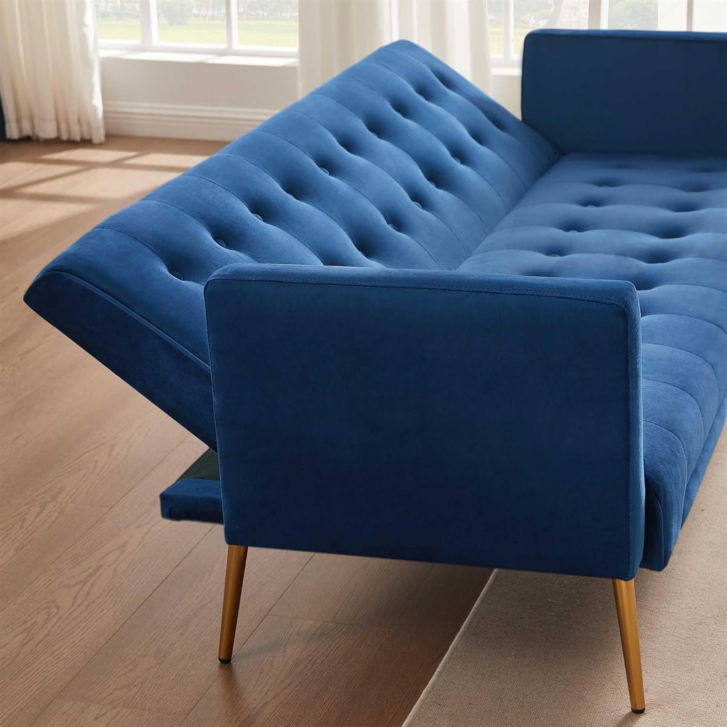 Mdhitsox Moderno sofá cama futón de terciopelo, sofá cama convertible con patas de metal, respaldo ajustable tapizado, asiento reclinable copetudo