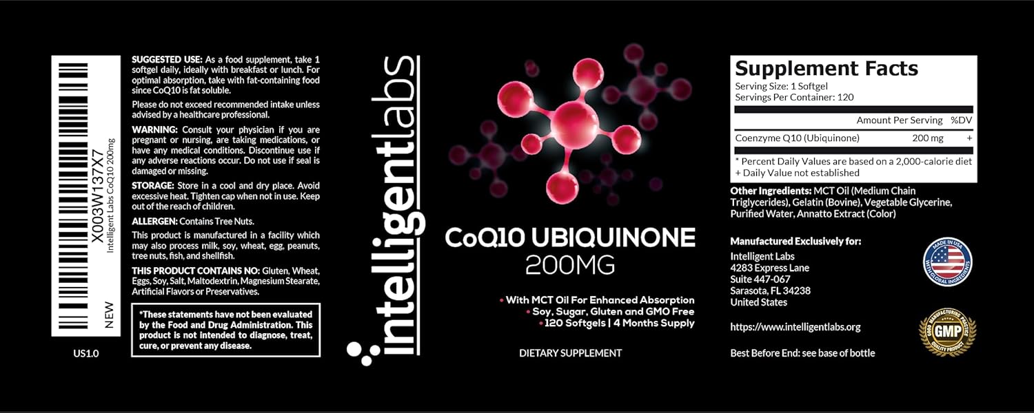 Intelligent Labs CoQ10 Ubiquinona 200mg cápsulas blandas  Coenzima Q10 con aceite MCT para una máxima absorción  Soja, azúcar, gluten y OGM  120