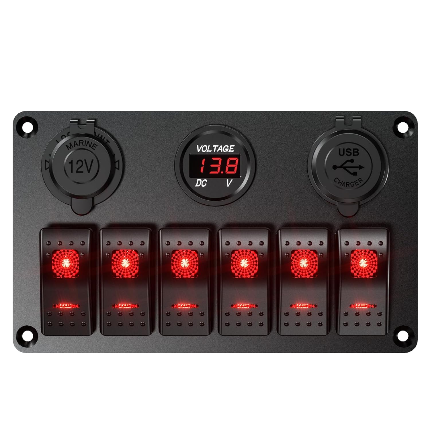 Interruptor de roker de barco marino impermeable, panel de aluminio de 6 cuadrillas con cargador de coche USB dual DC12-24V 36W y voltímetro digital
