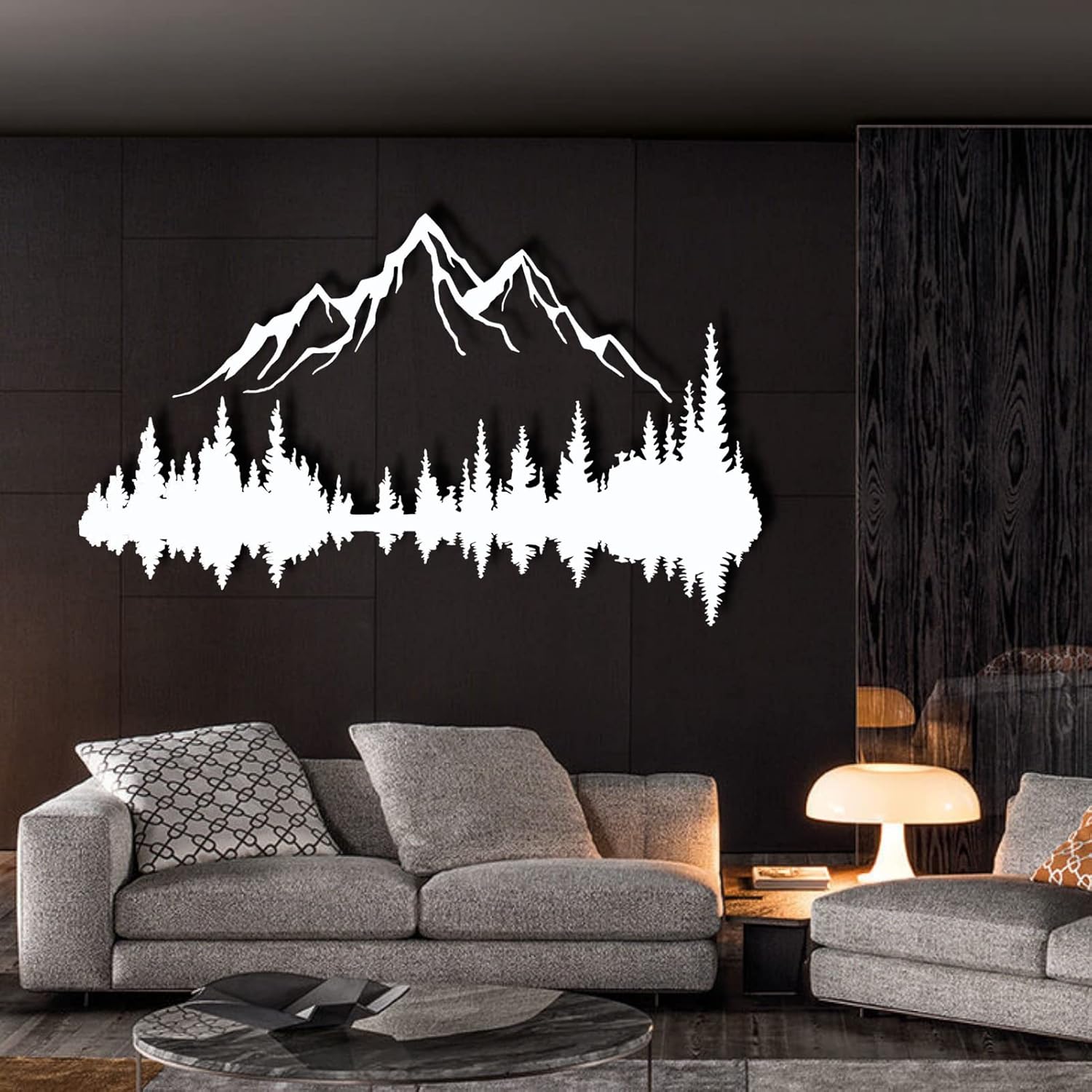 Arte de pared de metal de montaña y bosque, decoración de pared de metal de colinas y árboles, decoración de naturaleza y bosque, decoración de