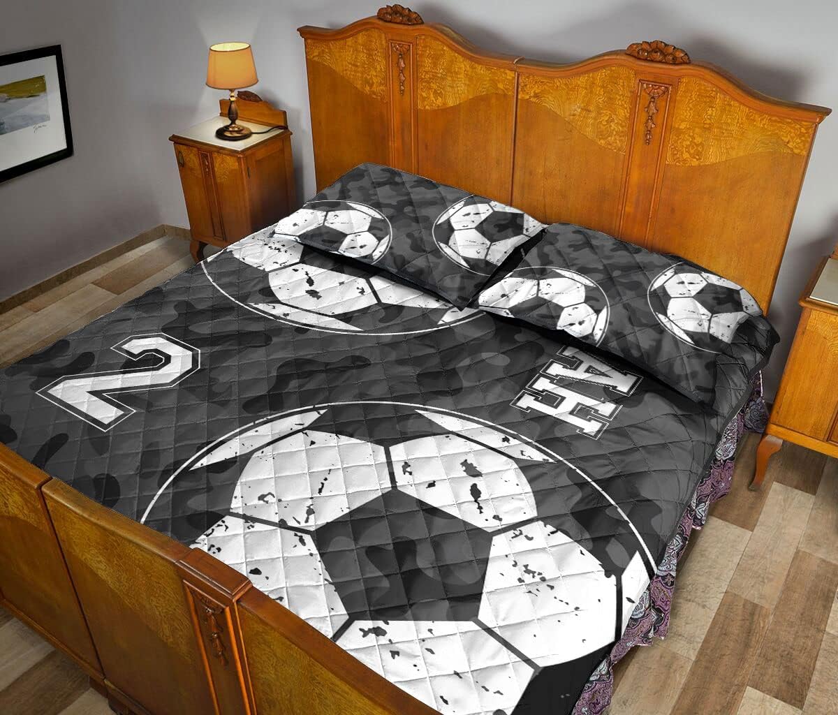 OhaPrints Balón de fútbol personalizado, diseño de camuflaje negro, regalo deportivo, manta personalizada con nombre y fundas de almohada, juego de
