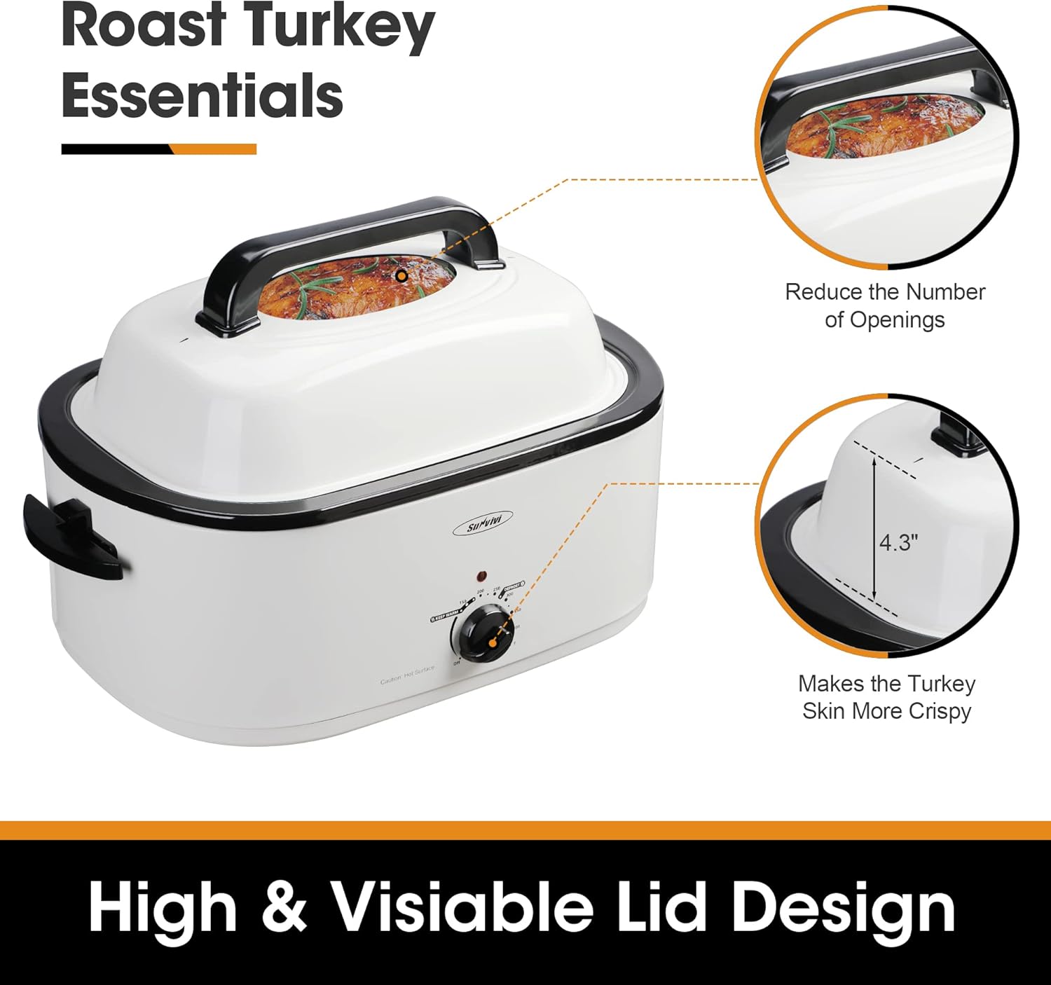 Sunvivi – Horno asador eléctrico de 22 cuartos de galón con tapa de vidrio visible, tostador eléctrico con bandeja y estante extraíbles, control de