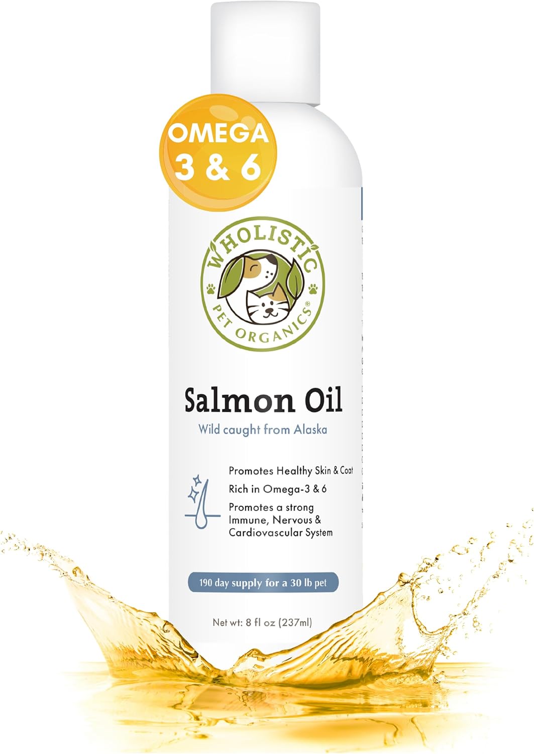 Wholistic Pet Organics Aceite de salmón Aceite de salmón salvaje de Alaska de aguas profundas para perros y gatos – Suplemento de aceite de pescado