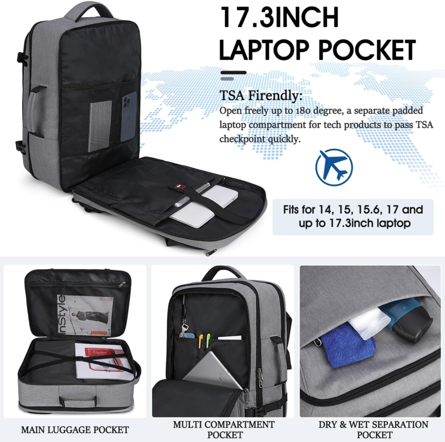 IGOLUMON Mochila de viaje para hombres y mujeres, 40L, aprobada para vuelo, mochila de transporte impermeable de 17 pulgadas para laptop, Gris