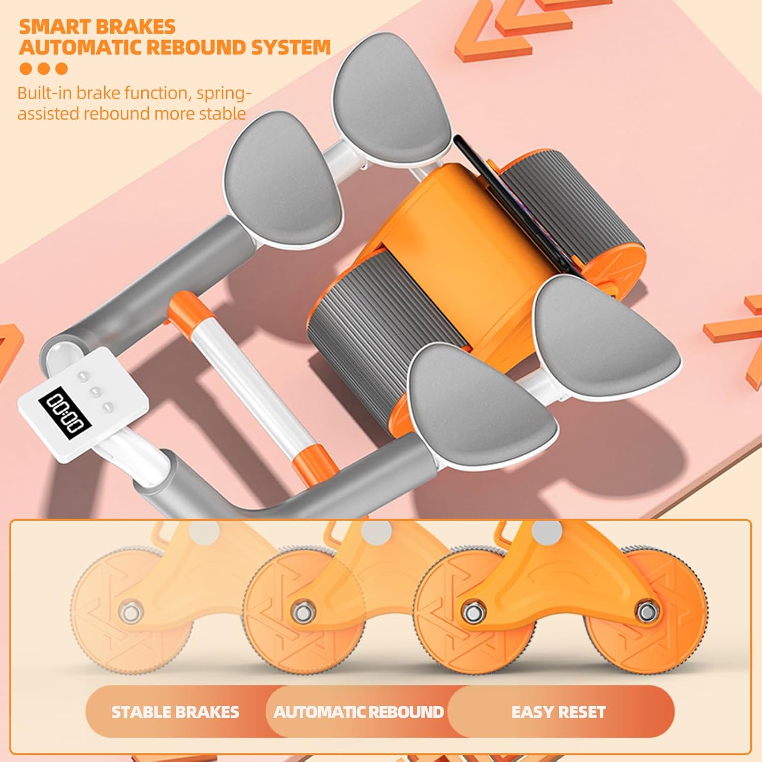 Rodillo de abdominales con soporte para el codo, rueda abdominal de rebote automático mejorada con 4 codos, temporizador, rodillera, equipo de