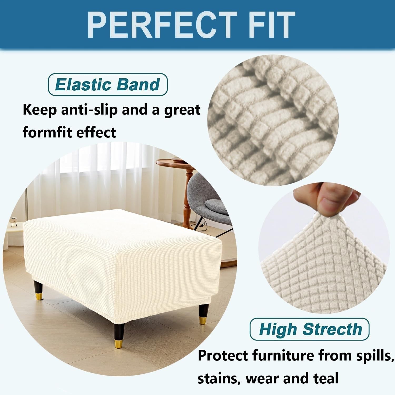 Funda otomana elástica rectangular para sofá, protector para reposapiés, fundas otomanas de almacenamiento, protector de muebles, funda rectangular