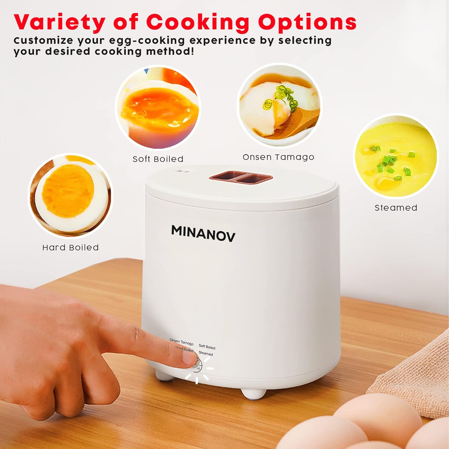 MINANOV Olla eléctrica para huevos  Cocina inteligente para huevos duros, hervidos suaves, huevos al vapor, Onsen Tamago  Mini olla de huevos para