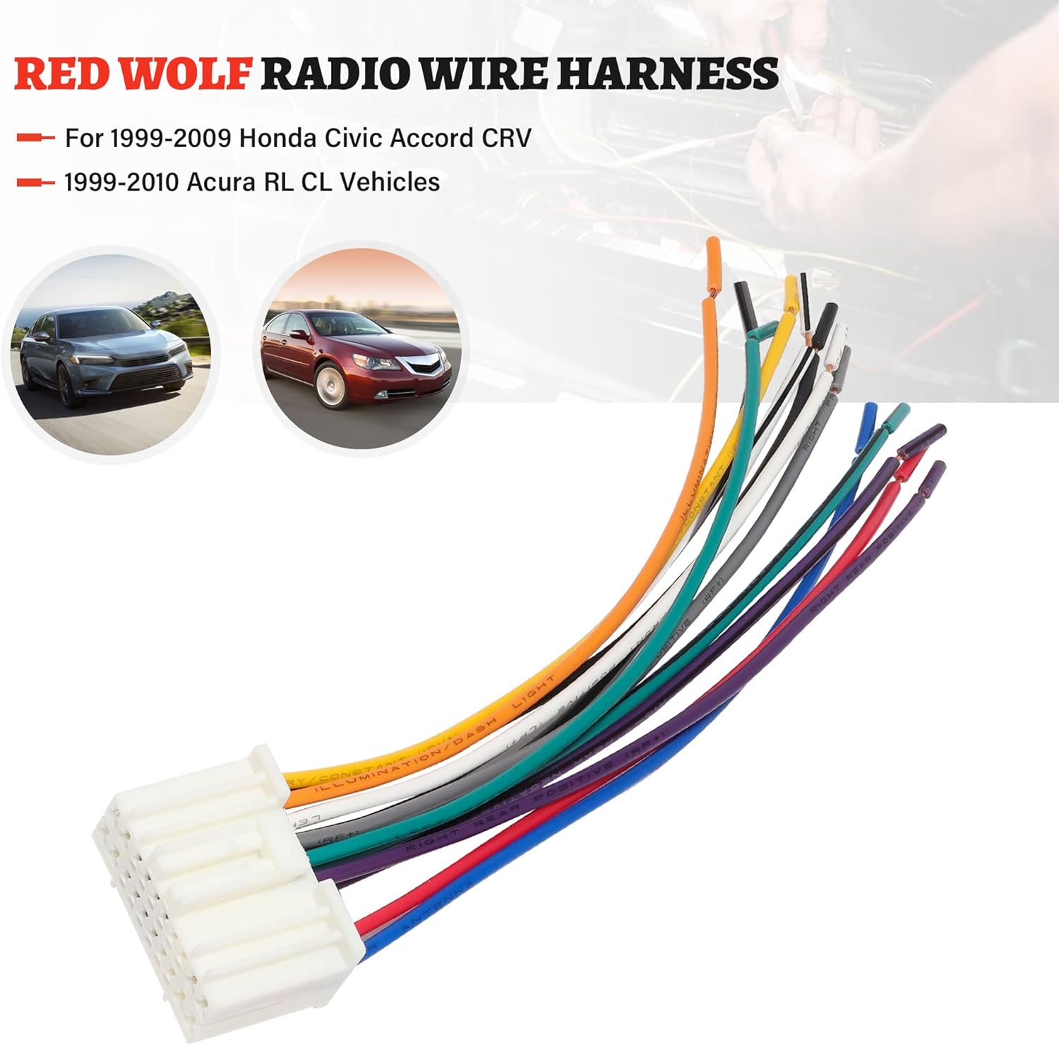 RED WOLF Adaptador de conector hembra de arnés de cableado inverso para radio de automóvil, reemplazo de cable OEM de fábrica, compatible con Honda