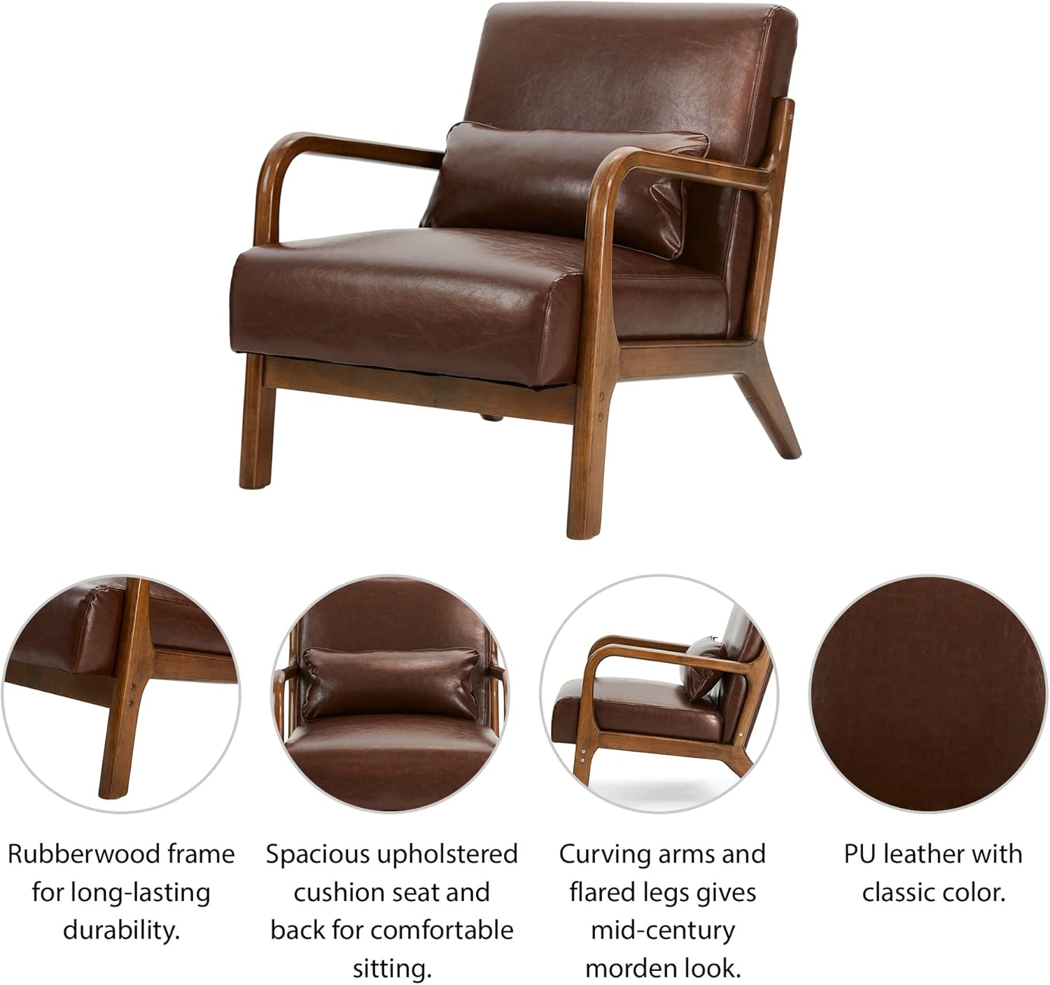 glitzhome 30.75 “H Mid Century Coffee Accent Sillón, Sillón de lectura individual Silla de salón de cuero PU con marco de madera de caucho nogal