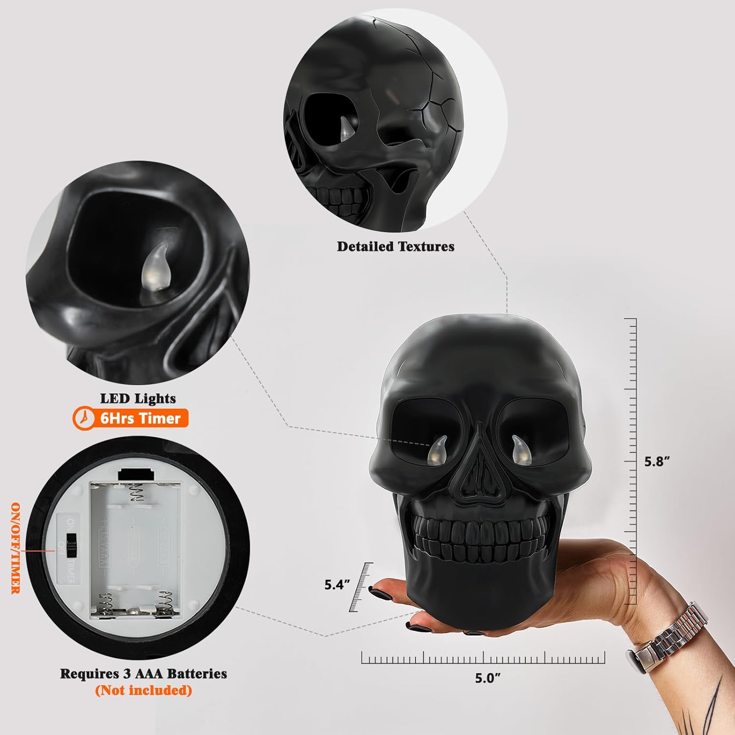 Patiphan Vela sin llama de calavera de Halloween con ojos iluminados y temporizador, estatua de vela de esqueleto de cera aterradora, funciona con