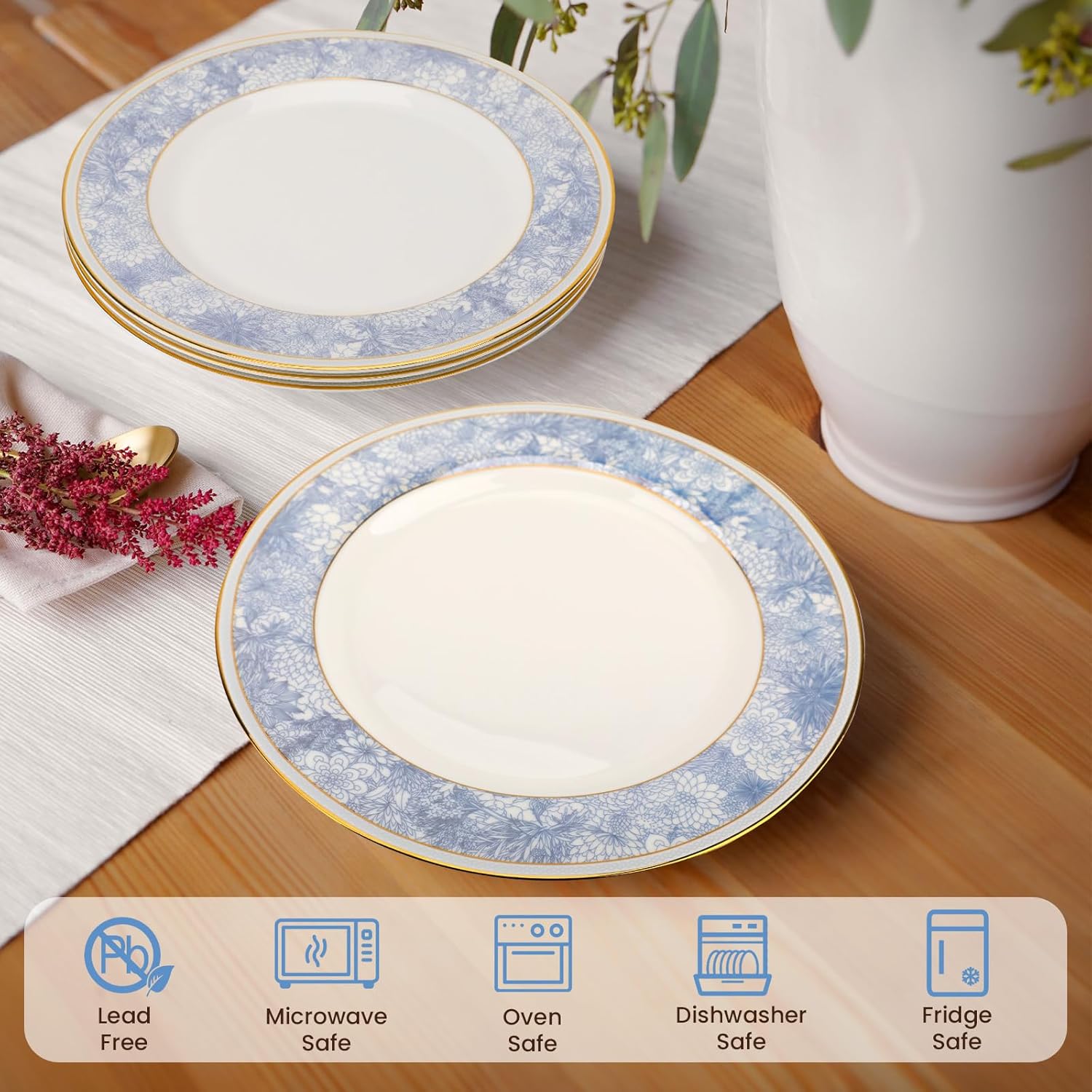 Juego de platos llanos de porcelana fina de hueso, juego de vajilla de 10.5 pulgadas, patrón azul y blanco con cocción hecha a mano, con borde