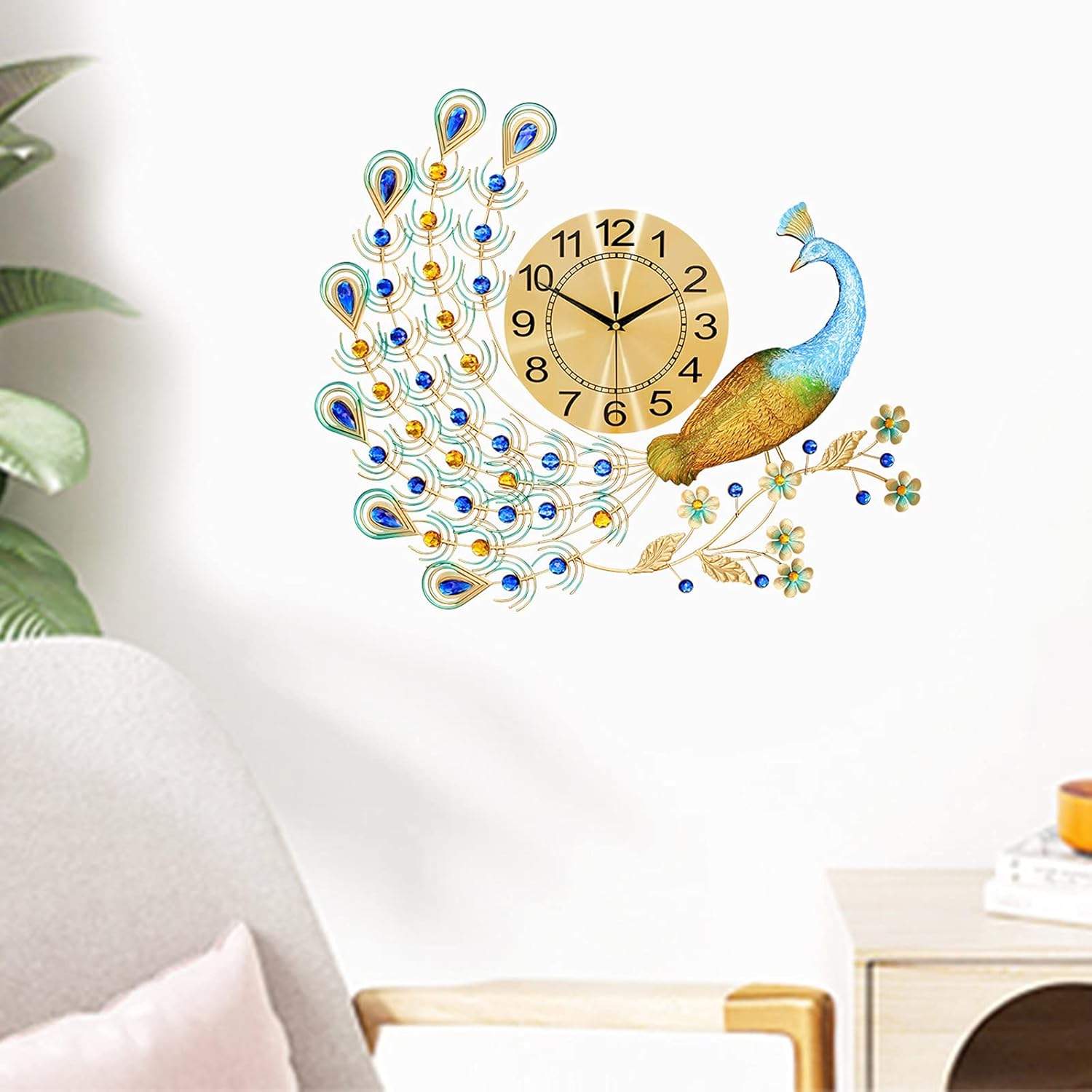 Large Peacock Wall Clock, 27.5 inch Luxury Peacock Clocks Silent Movement Wrought Iron and Metal Dial 3D Silent Wall Clocks Battery Operated Large