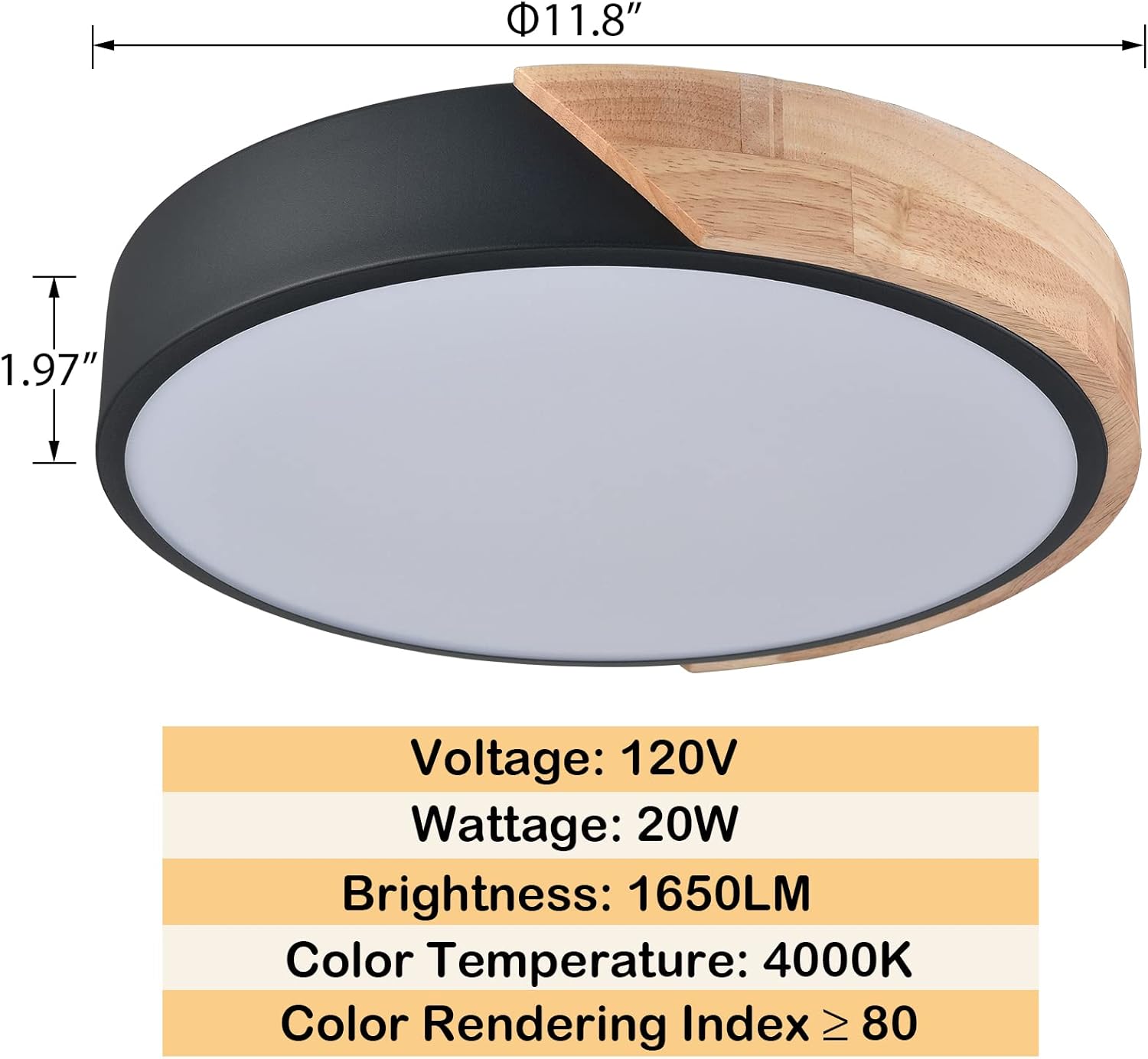 TEENYO Lámpara de techo LED moderna de montaje empotrado de 11.8 pulgadas, 4000 K, luz de techo redonda minimalista negra y de madera, lámpara de
