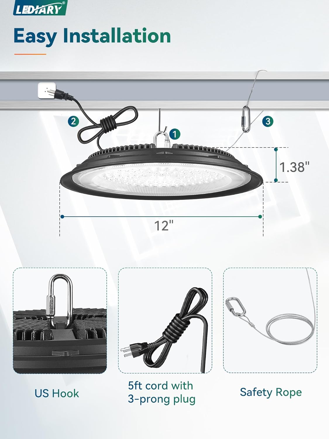 LEDIRAY – Paquete de 6 luces LED de alta bahía de 150 W 15000 lm (Eqv.400 W MHHPS) 5000 K luz diurna UFO alta bahía luces para granero, almacén,