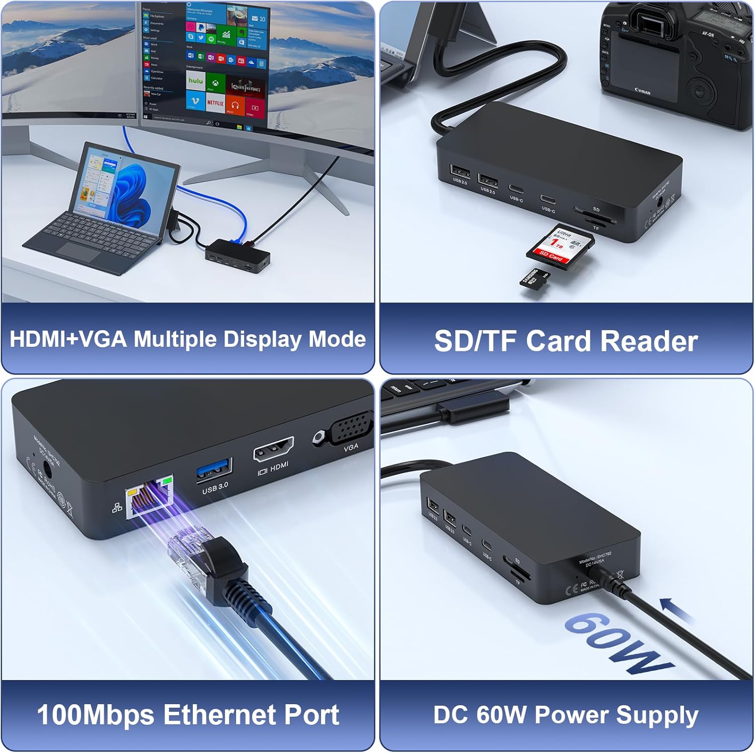 Microsoft Surface Dock 2024, estación de acoplamiento de superficie 11 en 1 con HDMI 4K a 60HZ HDMI+VGA, Ethernet, fuente de alimentación para