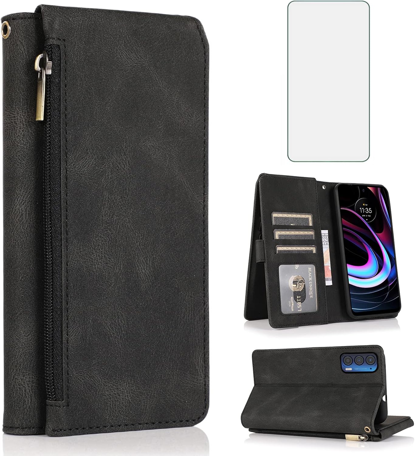 Asuwish Funda tipo cartera compatible con Motorola Moto Edge 2021MotoEdge 5G UW 2021, protector de pantalla de vidrio templado y cremallera, funda