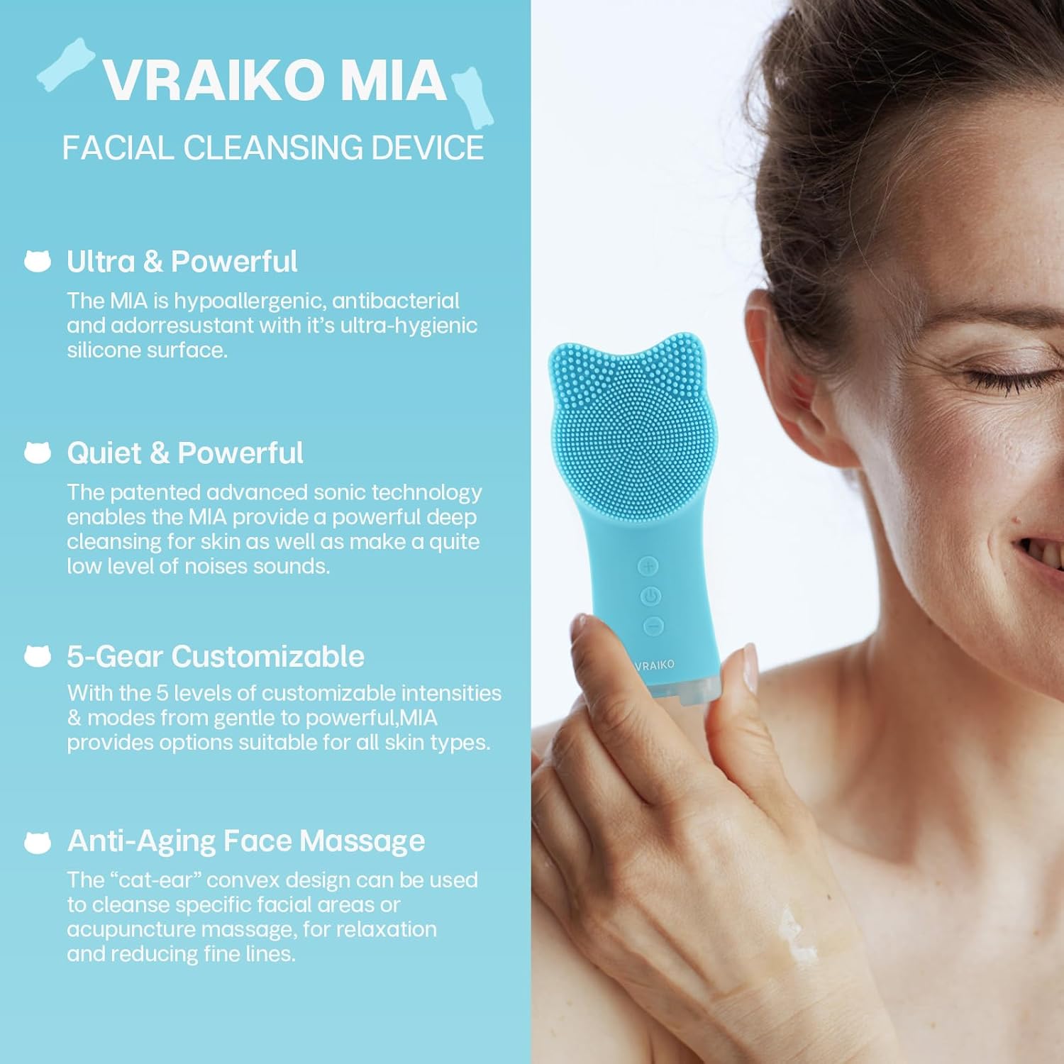 VRAIKO MIA Cepillo de limpieza facial, cepillo de limpieza facial recargable impermeable, con silicona suave y vibración sónica ajustable, para