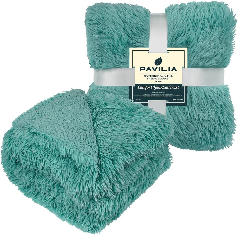 PAVILIA Manta suave y esponjosa de piel sintética, color verde azulado, manta de sherpa cálida y peluda para cama, sofá, manta decorativa de felpa