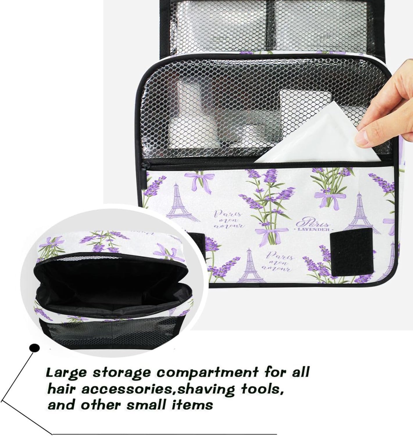 Neceser colgante, lavanda de París, Torre Eiffel, acuarela, hojas, palmeras, árbol, bolsa de maquillaje portátil, organizador de viaje para mujeres