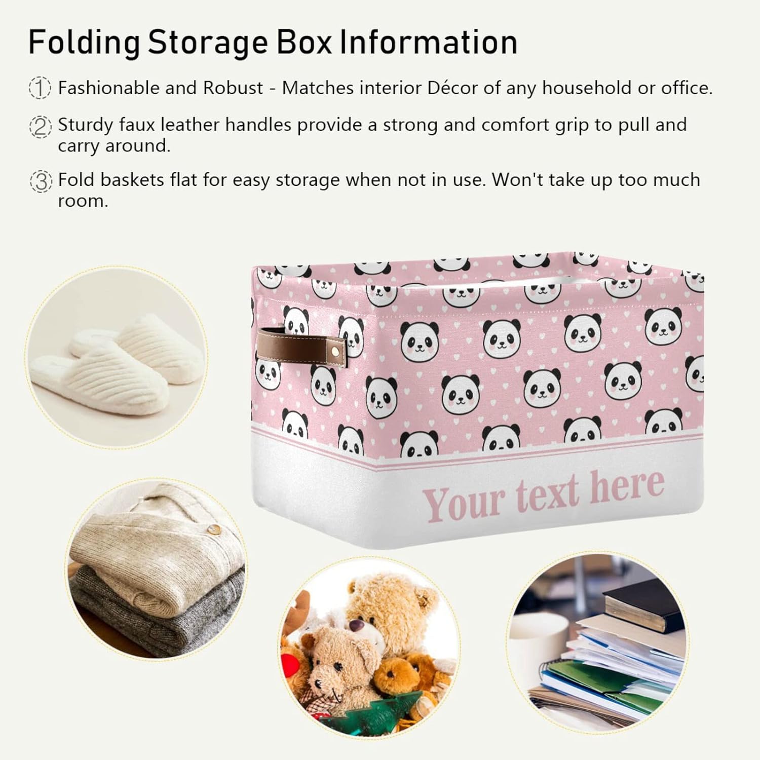 Cesta de almacenamiento rectangular con diseño de panda de dibujos animados, caja de almacenamiento plegable con asas de cuero, estantes, cesta