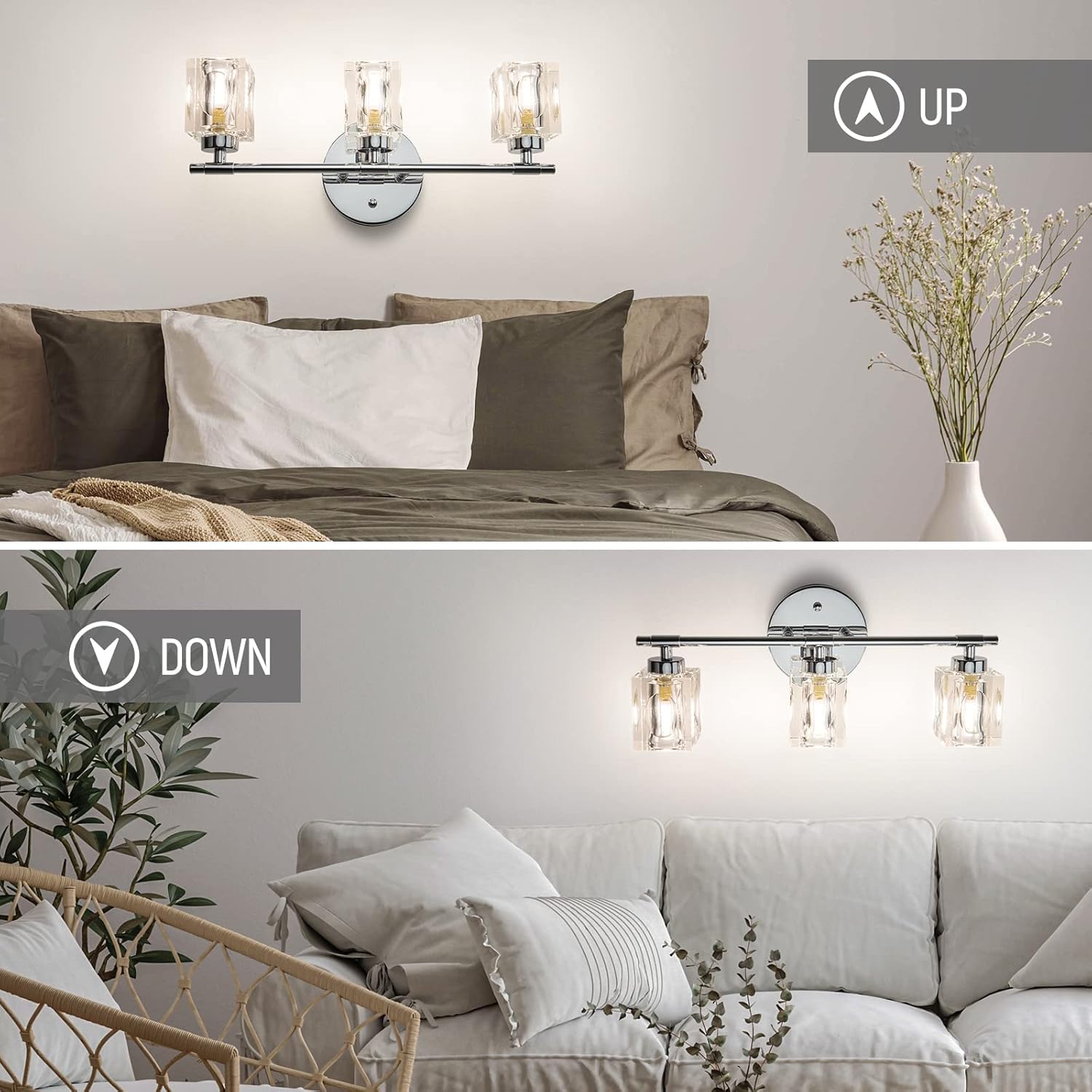 CT CAPETRONIX Lámparas de baño de 3 luces, luces de tocador de cristal de 16 pulgadas, lámpara cromada sobre espejo, para baño, dormitorio, sala de